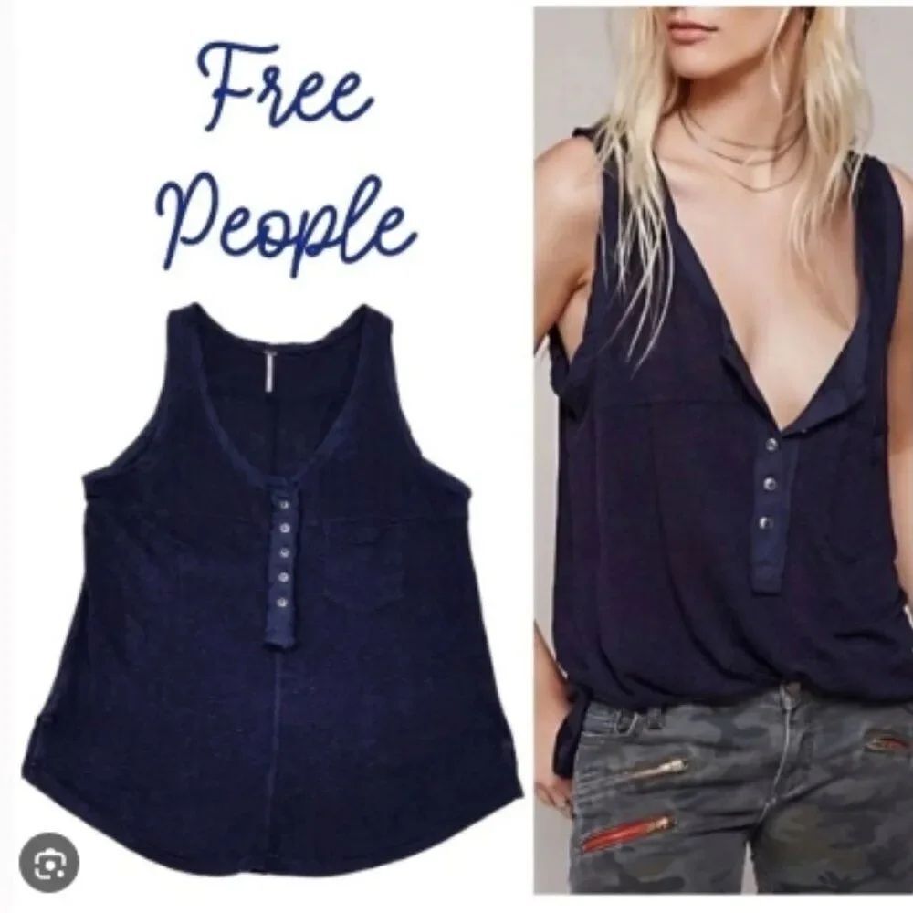 FREE PEOPLE Travelers Tank 100% Linen Henley Button Navy Blue Top in M